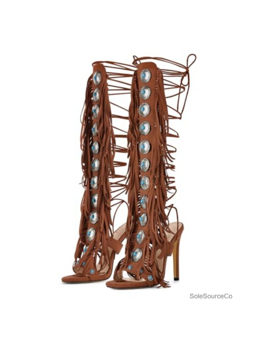 Faux Suede Gladiator Heels Tassels Stiletto Open Toe Lace Up Strappy Sandals